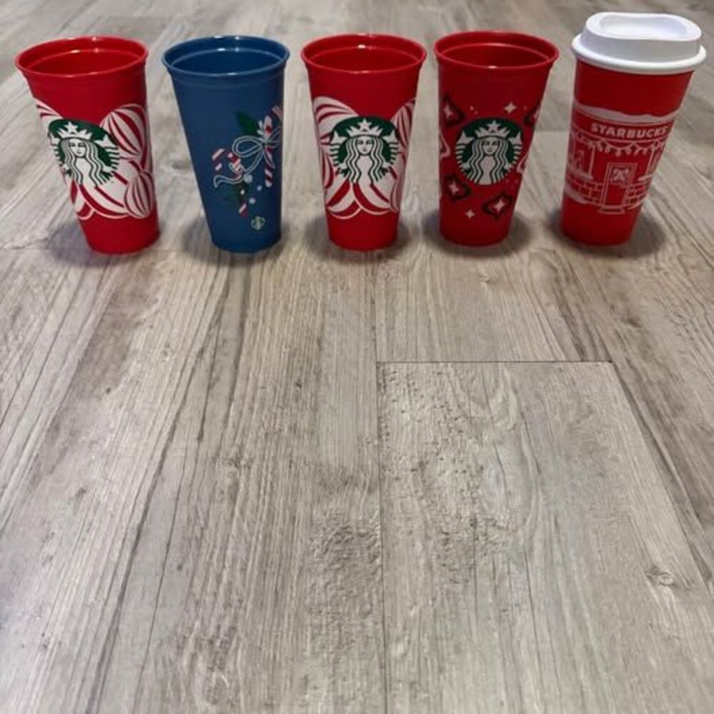 Lot Of 5 Starbucks Christmas Plastic Collectible Coffee Cups